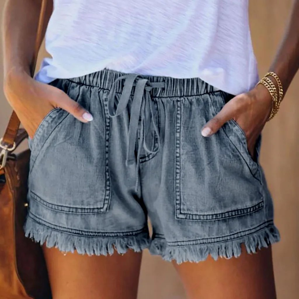 Women's Washed Denim Shorts Casual Drawstring Elastic Waist Frayed Hem Loose Short Jeans Tassel Bottom Clothing Pocket Pants