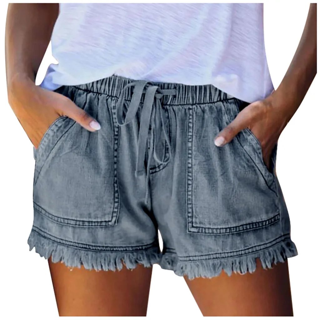 Women's Washed Denim Shorts Casual Drawstring Elastic Waist Frayed Hem Loose Short Jeans Tassel Bottom Clothing Pocket Pants