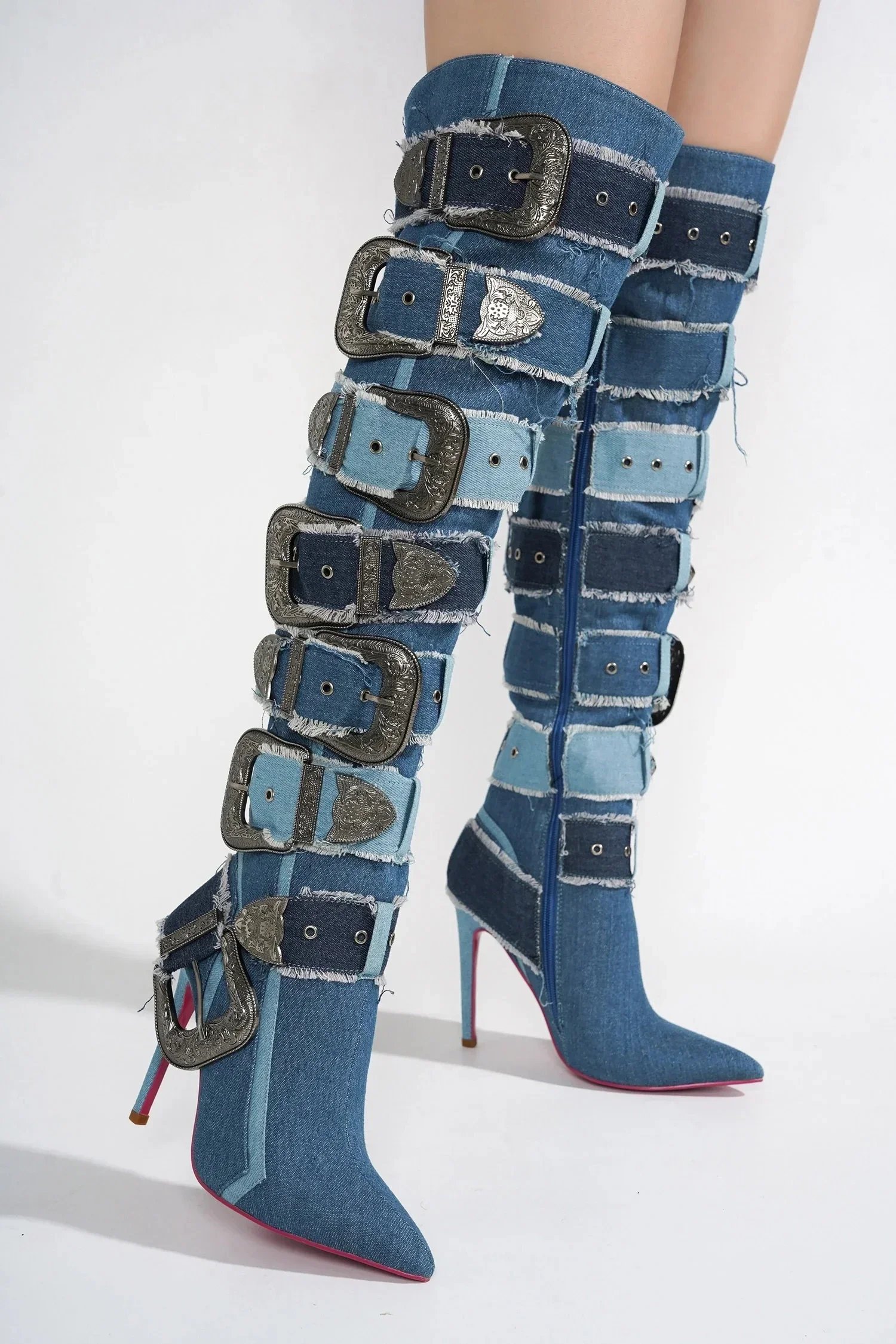 Belt Buckle Jeans Boots Winter Punk Boots Women's Sexy Belt Over-the-knee Heel Stiletto Ladies Boots