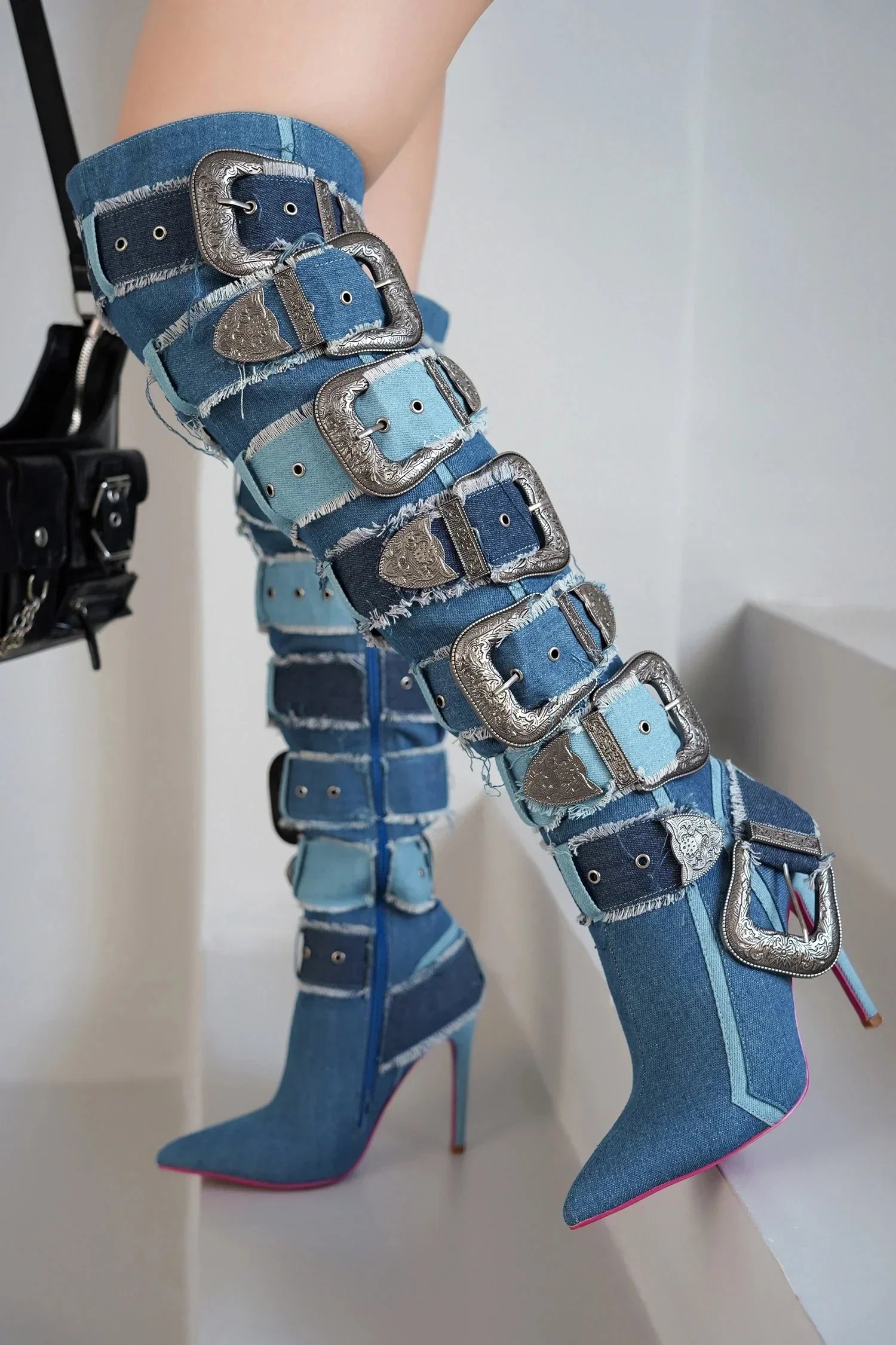 Belt Buckle Jeans Boots Winter Punk Boots Women's Sexy Belt Over-the-knee Heel Stiletto Ladies Boots