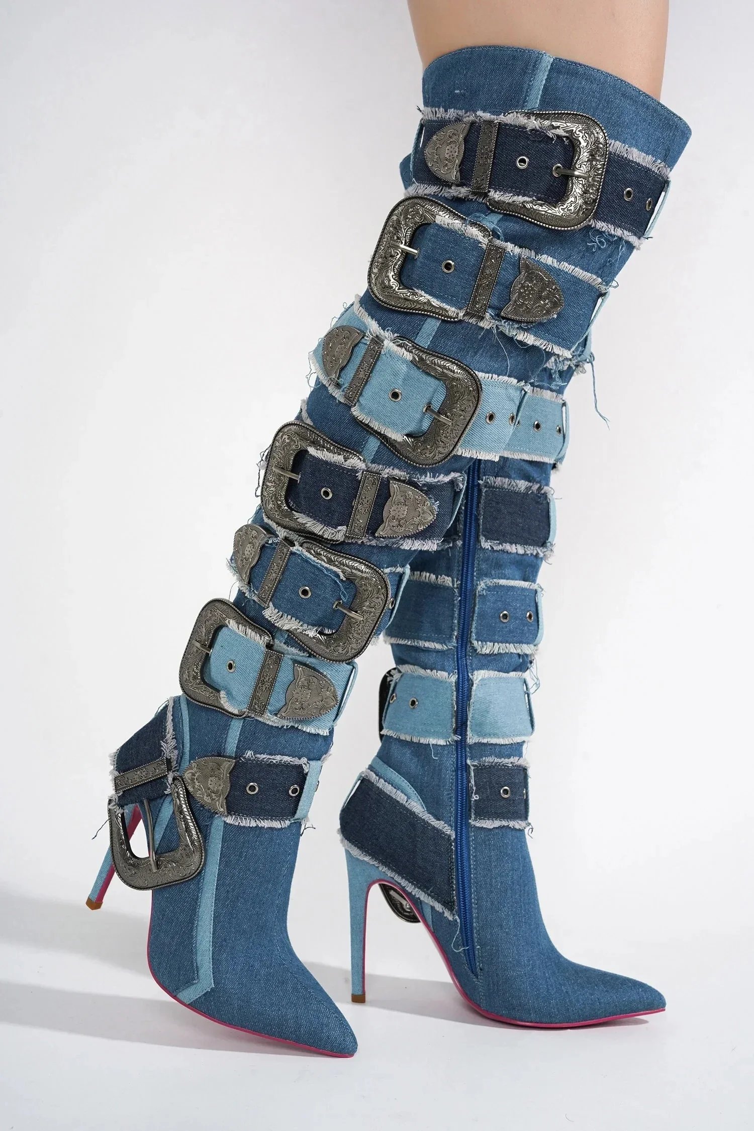 Belt Buckle Jeans Boots Winter Punk Boots Women's Sexy Belt Over-the-knee Heel Stiletto Ladies Boots