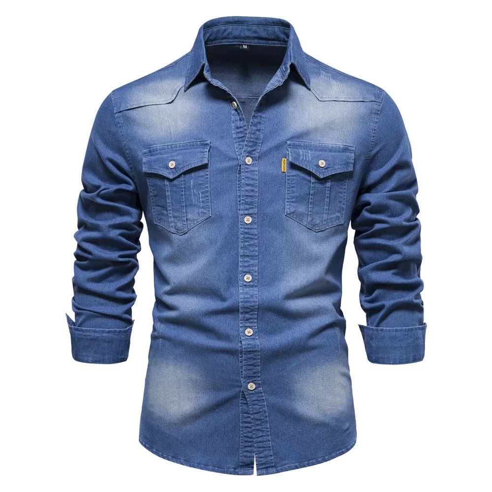 New Autumn Cotton Denim Shirt Men Long Sleeve Solid Color Casual Slim Fit Shirt Mens Designer Clothing Cowboy Shirts For Men