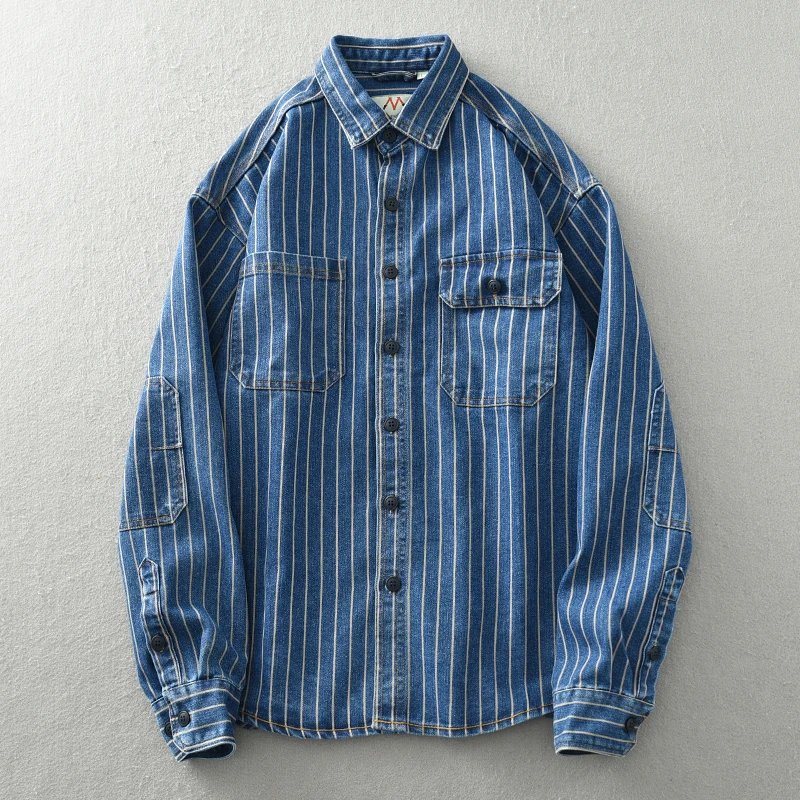 Vintage washed vertical stripe denim shirt men's loose large size cotton long-sleeved shirt jacket