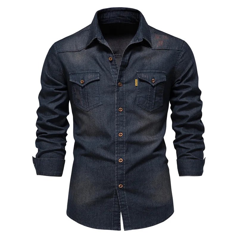 Elastic Cotton Denim Shirt High Quality Men Long Sleeve Solid Color Pocket Shirts for Men Casual Slim Fit Mens Designer Clothing
