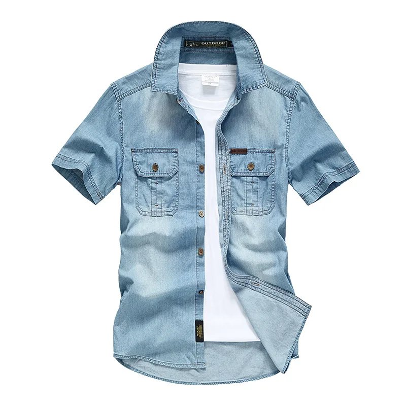 Men Multi pockets Denim Tooling Shirts New Summer Short Sleeve Blue Jeans Shirts High Quality Men Cotton Casual Shirts Size 5XL