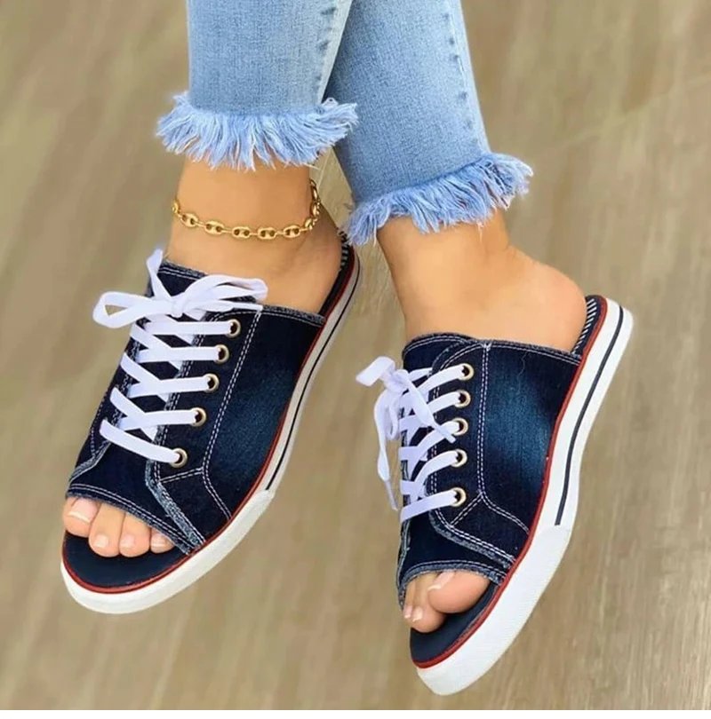 Ladies Slippers Canvas Lace-up Open-toed New Flat-Bottom Casual Women Fashion Denim Beach Shoes 35-43