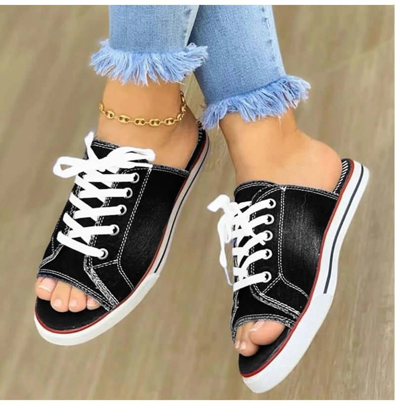 Ladies Slippers Canvas Lace-up Open-toed New Flat-Bottom Casual Women Fashion Denim Beach Shoes 35-43