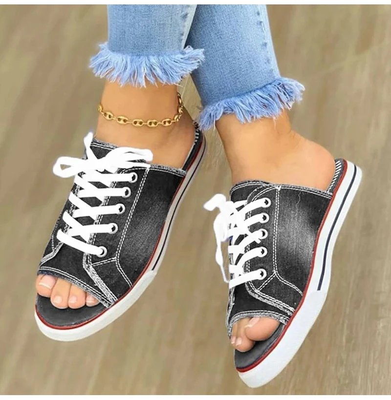 Ladies Slippers Canvas Lace-up Open-toed New Flat-Bottom Casual Women Fashion Denim Beach Shoes 35-43