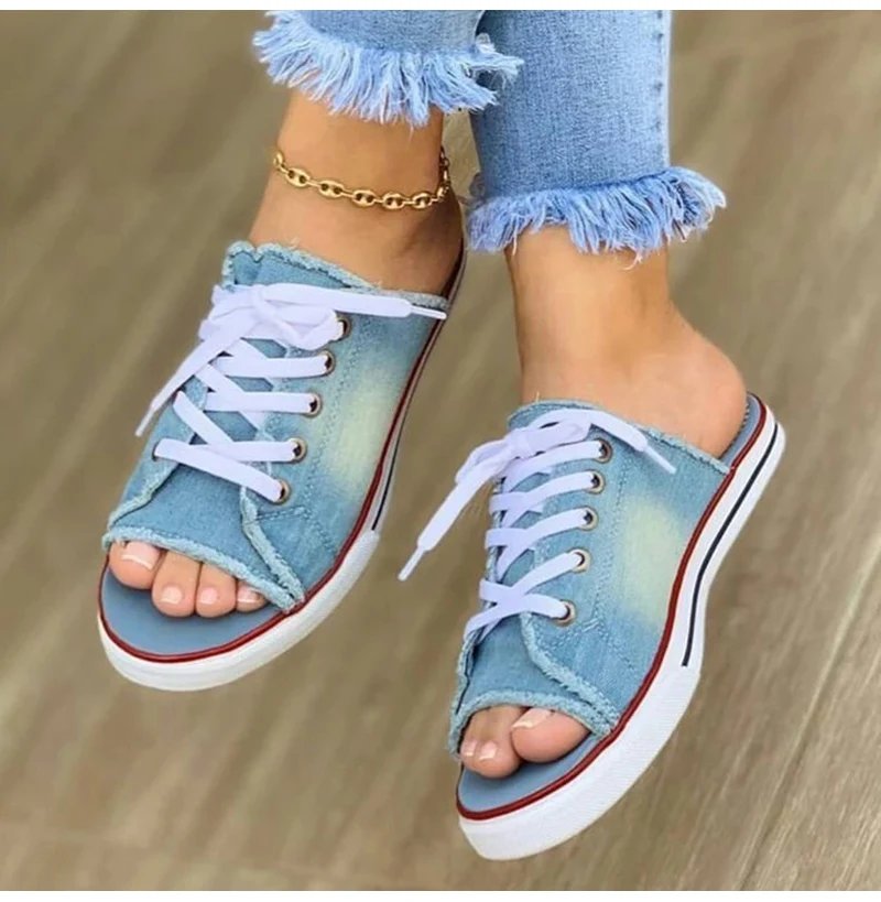 Ladies Slippers Canvas Lace-up Open-toed New Flat-Bottom Casual Women Fashion Denim Beach Shoes 35-43