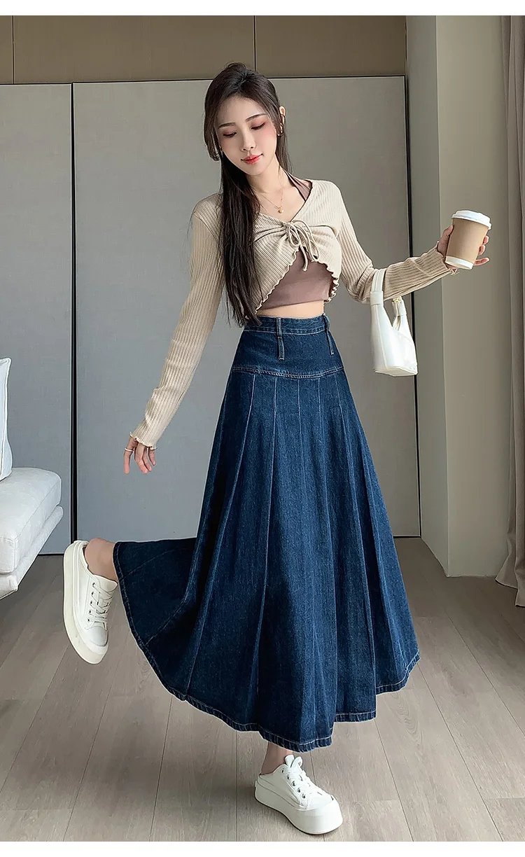 New Women Spring Summer Vintage Pleated Skirt Fashion High Waist All-match A-Line Denim Skirt Casual Loose Dark Blue Long Skirt