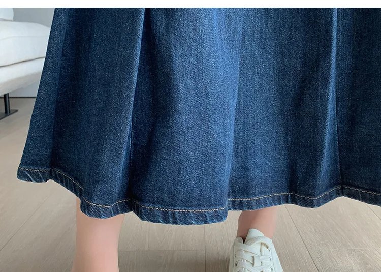 New Women Spring Summer Vintage Pleated Skirt Fashion High Waist All-match A-Line Denim Skirt Casual Loose Dark Blue Long Skirt