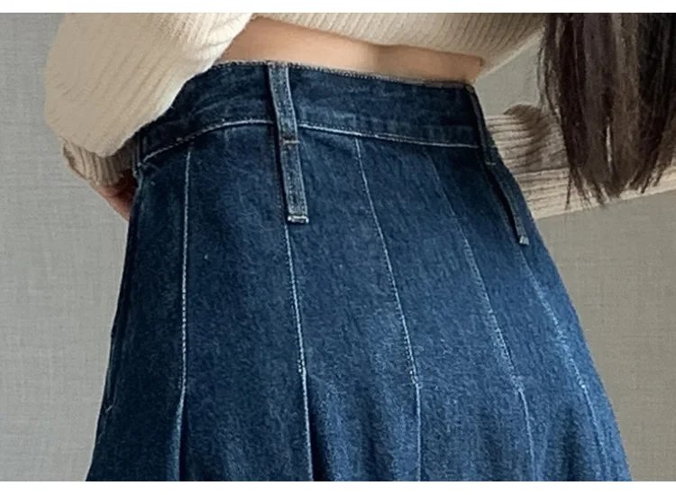 New Women Spring Summer Vintage Pleated Skirt Fashion High Waist All-match A-Line Denim Skirt Casual Loose Dark Blue Long Skirt