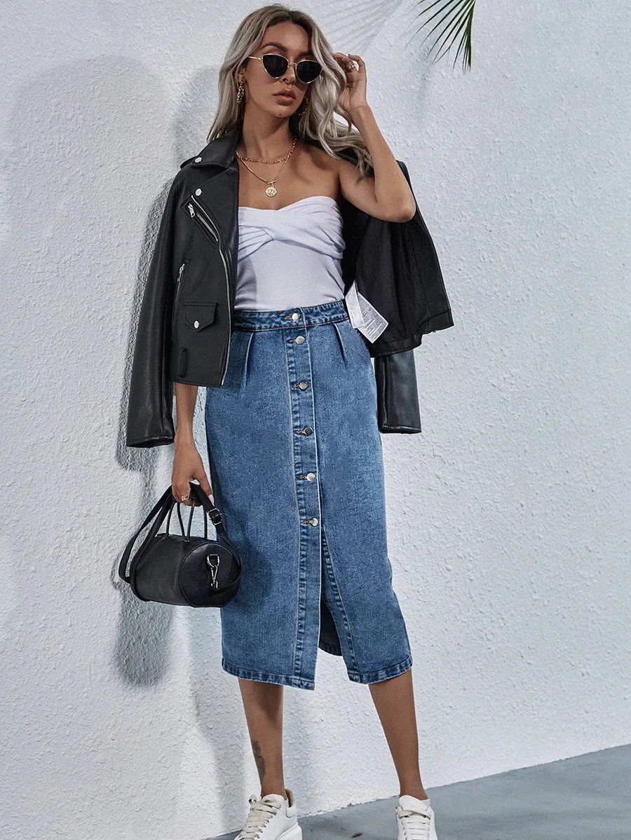 Benuynffy Single Breasted Knee Length Denim Skirt Women Streetwear Casual Pocket High Waist Straight Jeans Skirt New