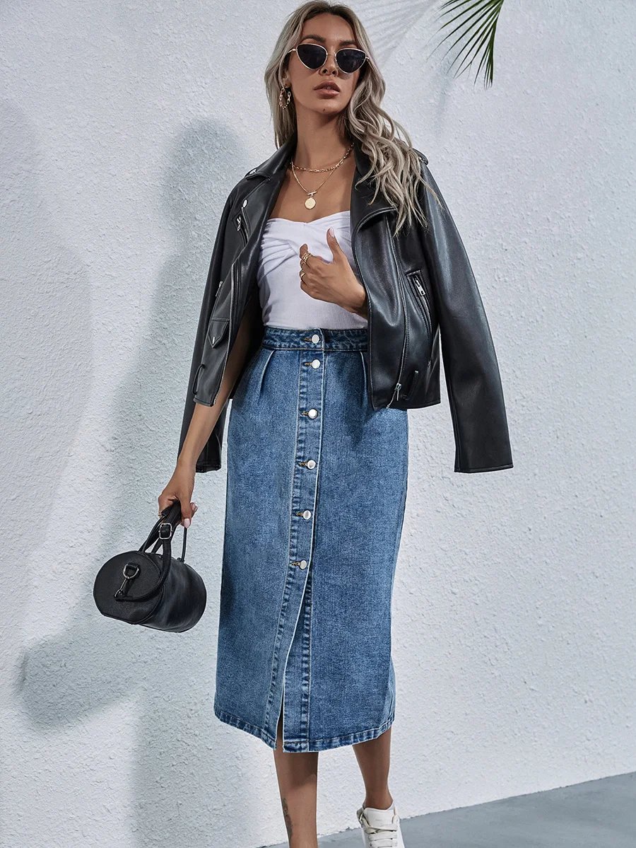 Benuynffy Single Breasted Knee Length Denim Skirt Women Streetwear Casual Pocket High Waist Straight Jeans Skirt New