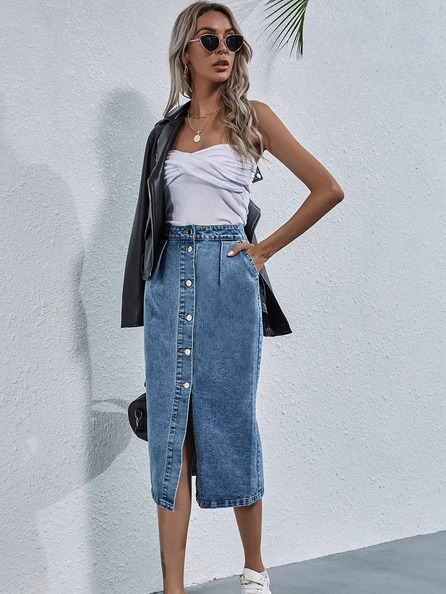 Benuynffy Single Breasted Knee Length Denim Skirt Women Streetwear Casual Pocket High Waist Straight Jeans Skirt New