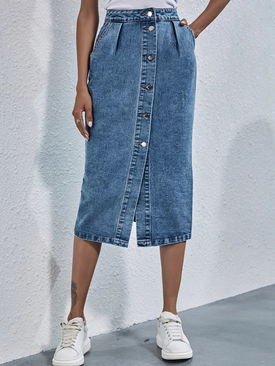 Benuynffy Single Breasted Knee Length Denim Skirt Women Streetwear Casual Pocket High Waist Straight Jeans Skirt New