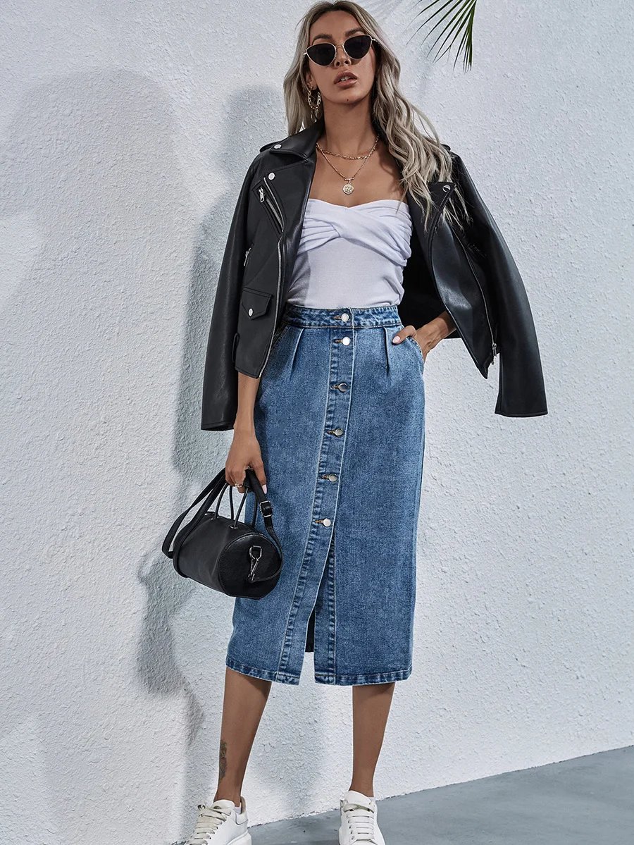 Benuynffy Single Breasted Knee Length Denim Skirt Women Streetwear Casual Pocket High Waist Straight Jeans Skirt New