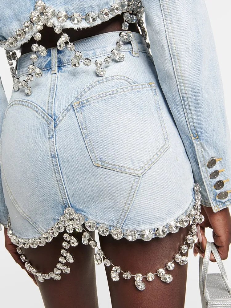 BPN Spliced Diamonds Denim Skirt For Women High Waist casual Patchwork Pockets Slimming Skirt Female spring Clothing Fashion 