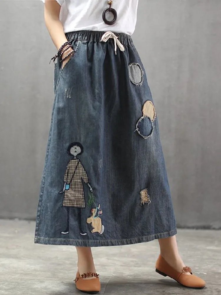 Max LuLu 2023 Fashion Streetwear Womens Autumn Classic Embroidery Loose Denim Holes Skirts Ladies Casual Vintage Cartoon Clothes