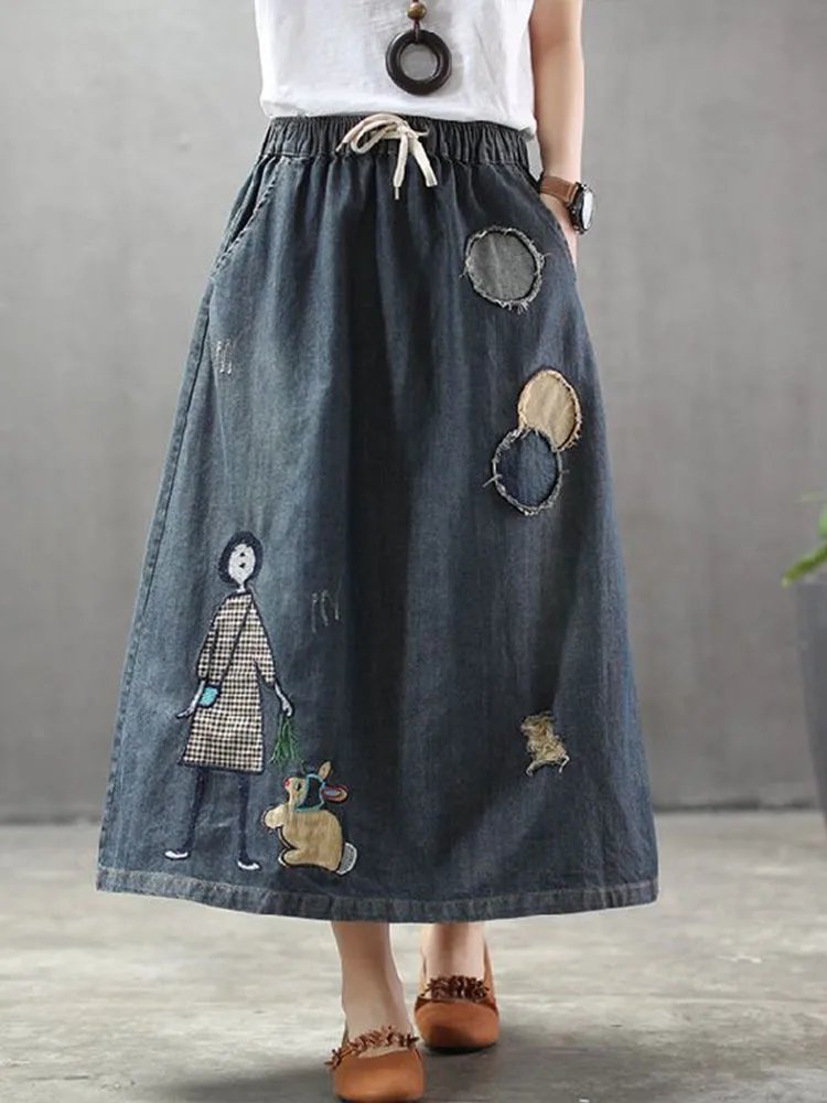 Max LuLu 2023 Fashion Streetwear Womens Autumn Classic Embroidery Loose Denim Holes Skirts Ladies Casual Vintage Cartoon Clothes