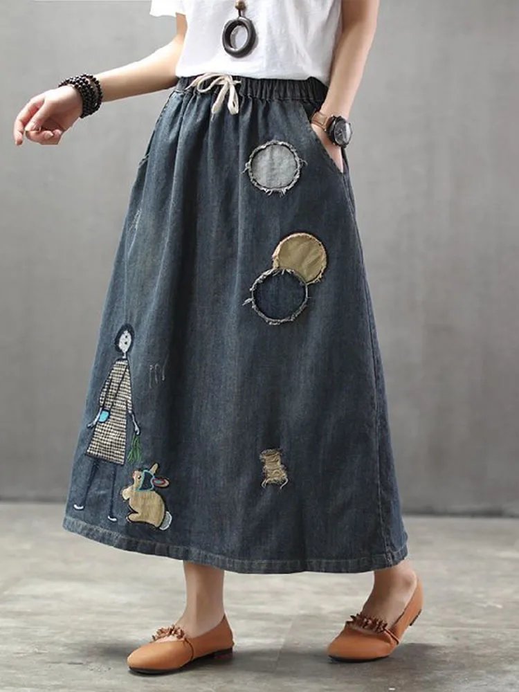 Max LuLu 2023 Fashion Streetwear Womens Autumn Classic Embroidery Loose Denim Holes Skirts Ladies Casual Vintage Cartoon Clothes