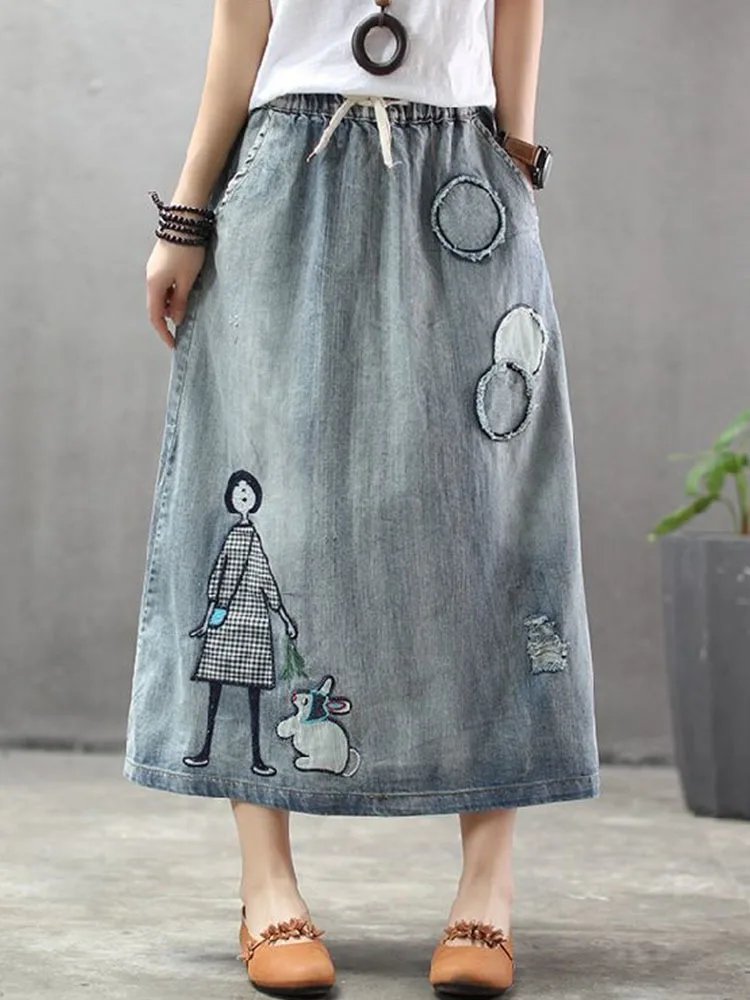 Max LuLu 2023 Fashion Streetwear Womens Autumn Classic Embroidery Loose Denim Holes Skirts Ladies Casual Vintage Cartoon Clothes