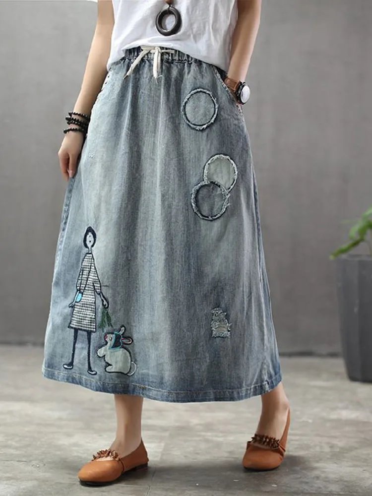 Max LuLu 2023 Fashion Streetwear Womens Autumn Classic Embroidery Loose Denim Holes Skirts Ladies Casual Vintage Cartoon Clothes