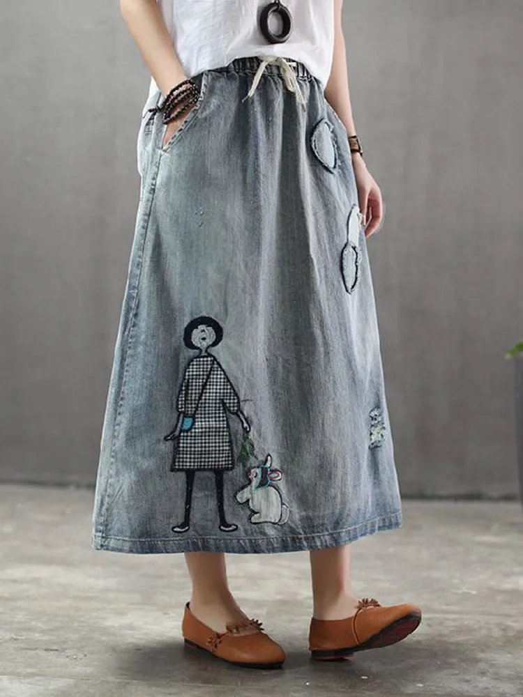 Max LuLu 2023 Fashion Streetwear Womens Autumn Classic Embroidery Loose Denim Holes Skirts Ladies Casual Vintage Cartoon Clothes