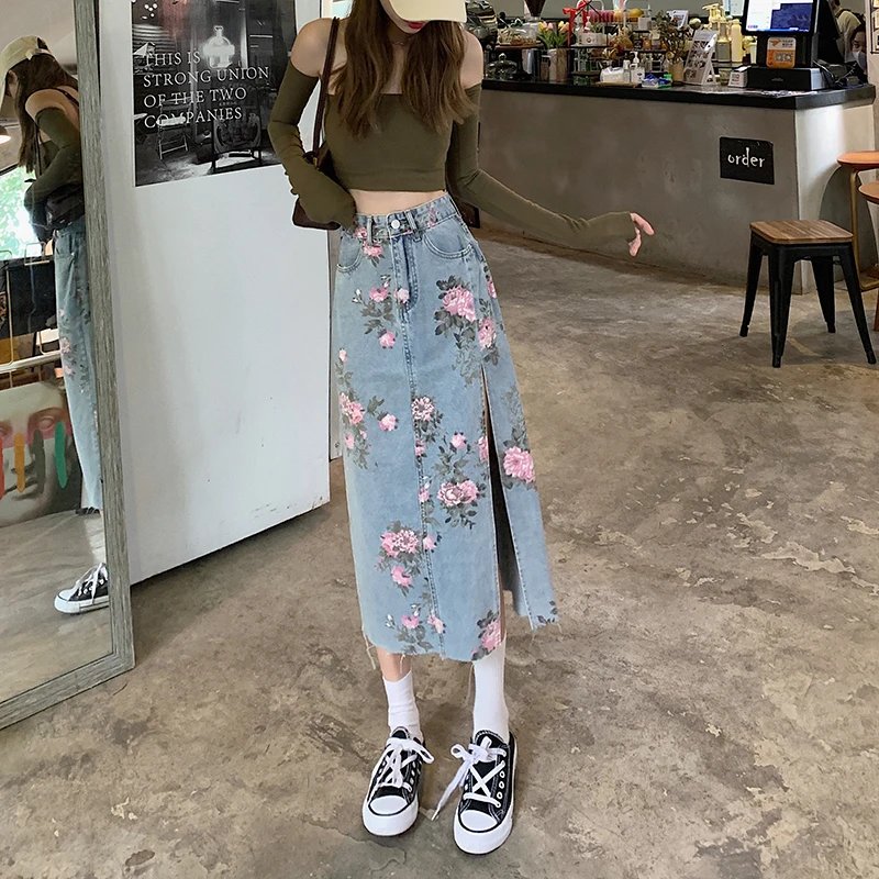 Y2k Fashion Denim Long Skirts For Womens Summer Blue High Waist Raw Edge Slit Vintage Washed Printing Korean Style Casual Skirts