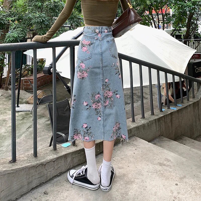 Y2k Fashion Denim Long Skirts For Womens Summer Blue High Waist Raw Edge Slit Vintage Washed Printing Korean Style Casual Skirts