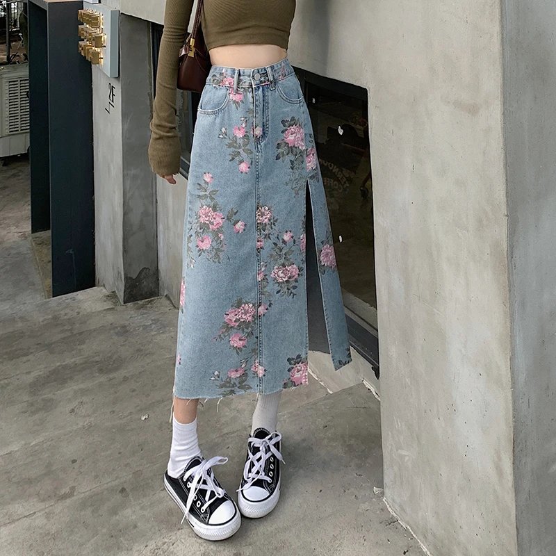 Y2k Fashion Denim Long Skirts For Womens Summer Blue High Waist Raw Edge Slit Vintage Washed Printing Korean Style Casual Skirts