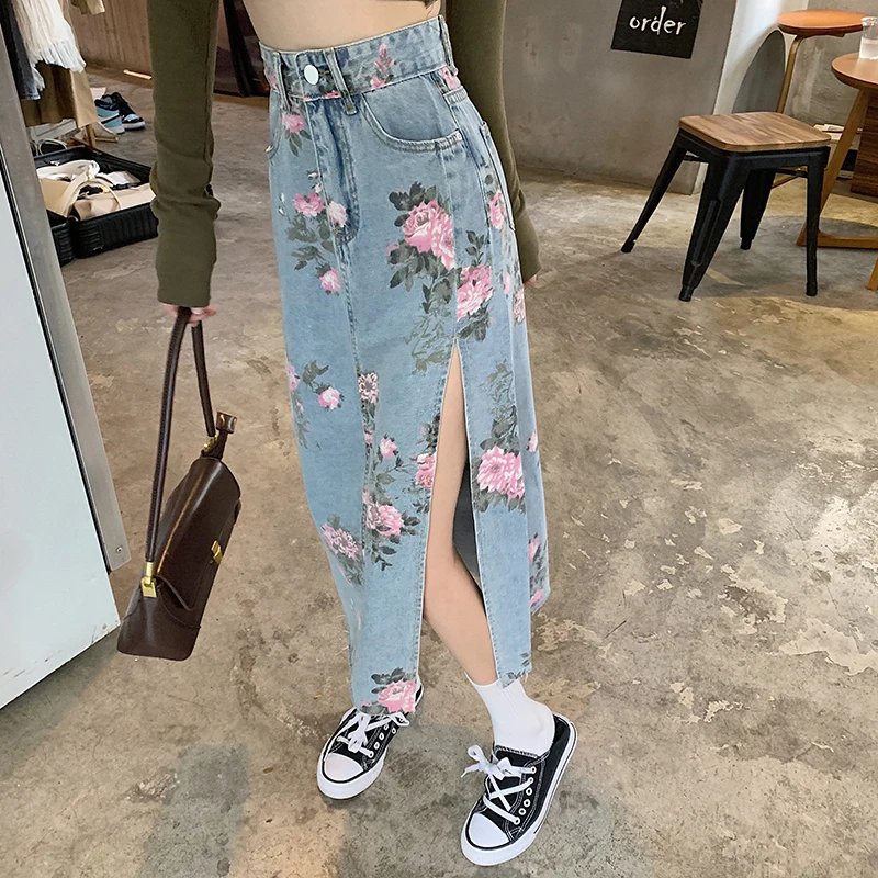 Y2k Fashion Denim Long Skirts For Womens Summer Blue High Waist Raw Edge Slit Vintage Washed Printing Korean Style Casual Skirts