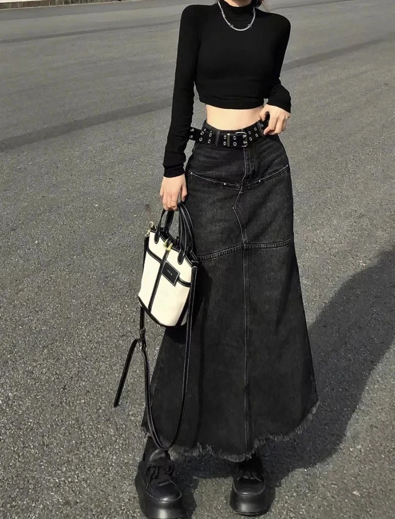 Y2K Vintage Denim Skirts Women Tassel Midi A Line Skirt Jeans Streetwear Korean High Waist Raw Edge Slim Casual Mermaid Skirt