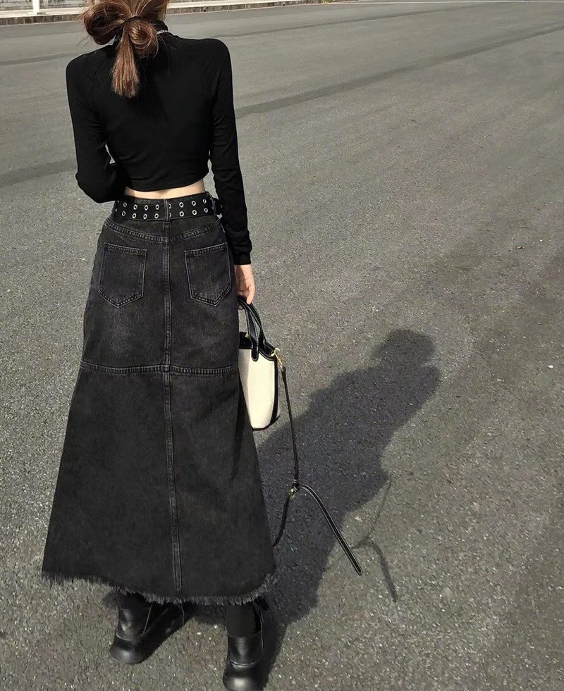 Y2K Vintage Denim Skirts Women Tassel Midi A Line Skirt Jeans Streetwear Korean High Waist Raw Edge Slim Casual Mermaid Skirt