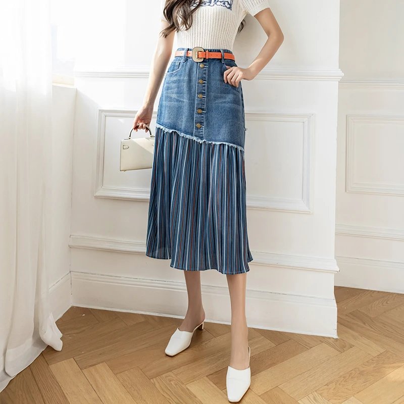 S-5XL Patchwork Pleated Jeans Skirts Women High Waist Ripped Skirts Vintage Elegant Korean Fashion Denim Skirts Big Size KS10294