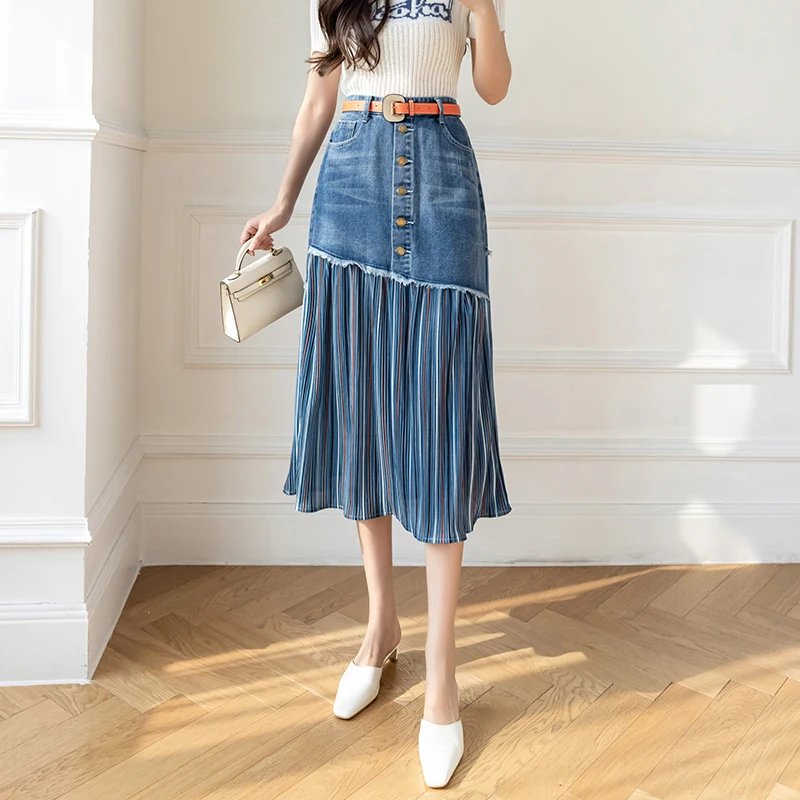 S-5XL Patchwork Pleated Jeans Skirts Women High Waist Ripped Skirts Vintage Elegant Korean Fashion Denim Skirts Big Size KS10294