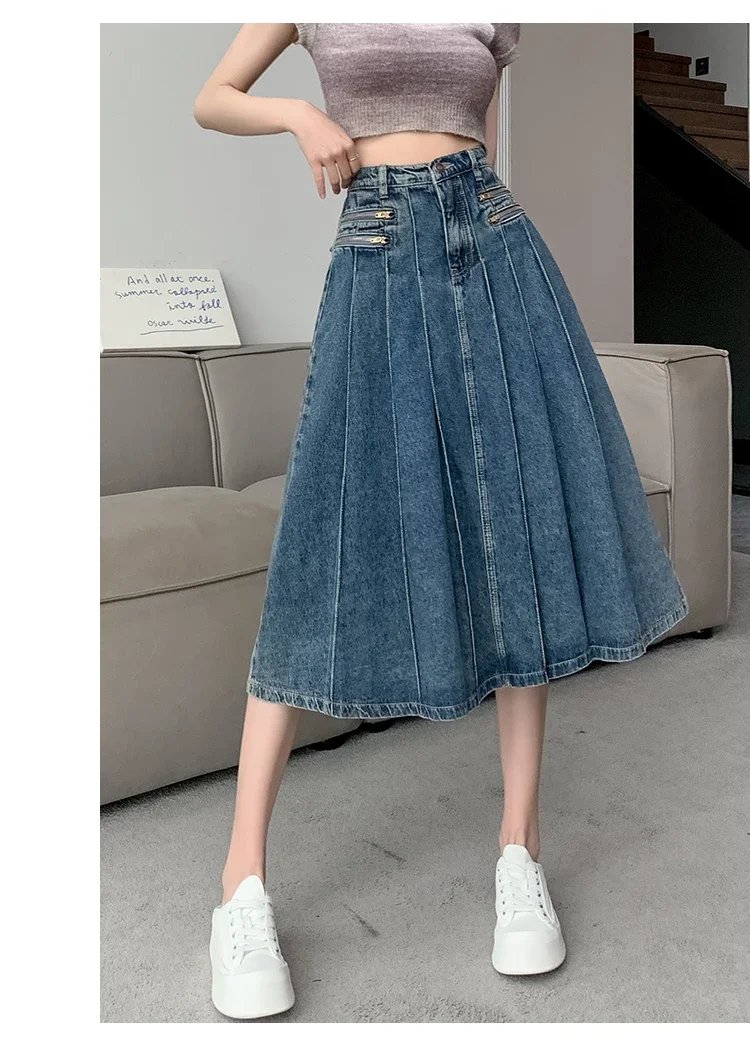 Vintage Blue Denim Pleated Skirt Women Y2K Streetwear High Waist A-line Jeans Midi Skirts Summer Harajuku Korean Clothing