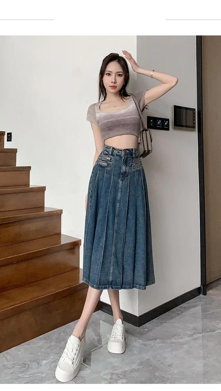 Vintage Blue Denim Pleated Skirt Women Y2K Streetwear High Waist A-line Jeans Midi Skirts Summer Harajuku Korean Clothing