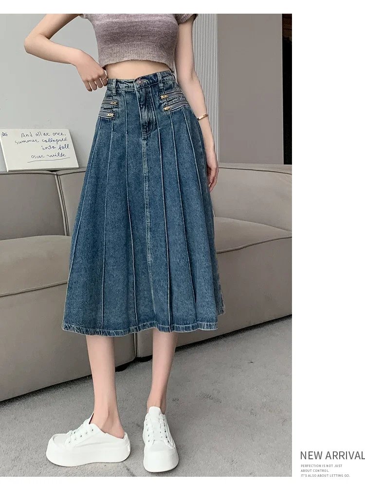 Vintage Blue Denim Pleated Skirt Women Y2K Streetwear High Waist A-line Jeans Midi Skirts Summer Harajuku Korean Clothing