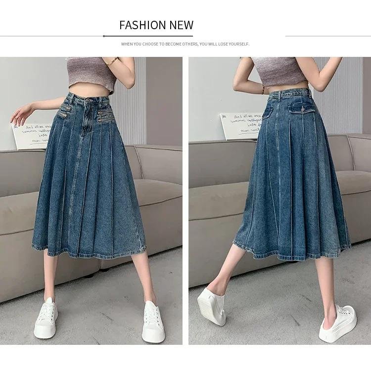 Vintage Blue Denim Pleated Skirt Women Y2K Streetwear High Waist A-line Jeans Midi Skirts Summer Harajuku Korean Clothing