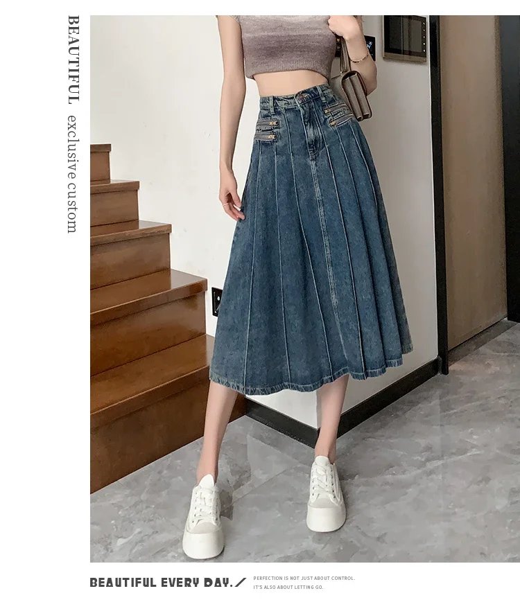 Vintage Blue Denim Pleated Skirt Women Y2K Streetwear High Waist A-line Jeans Midi Skirts Summer Harajuku Korean Clothing