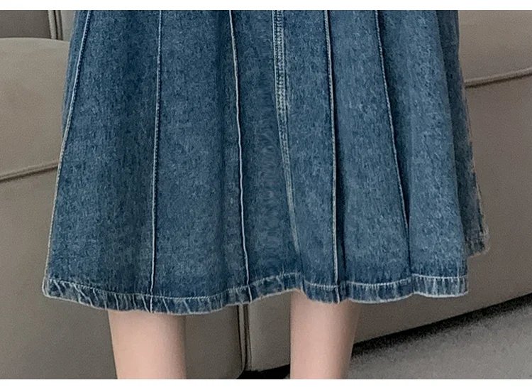 Vintage Blue Denim Pleated Skirt Women Y2K Streetwear High Waist A-line Jeans Midi Skirts Summer Harajuku Korean Clothing