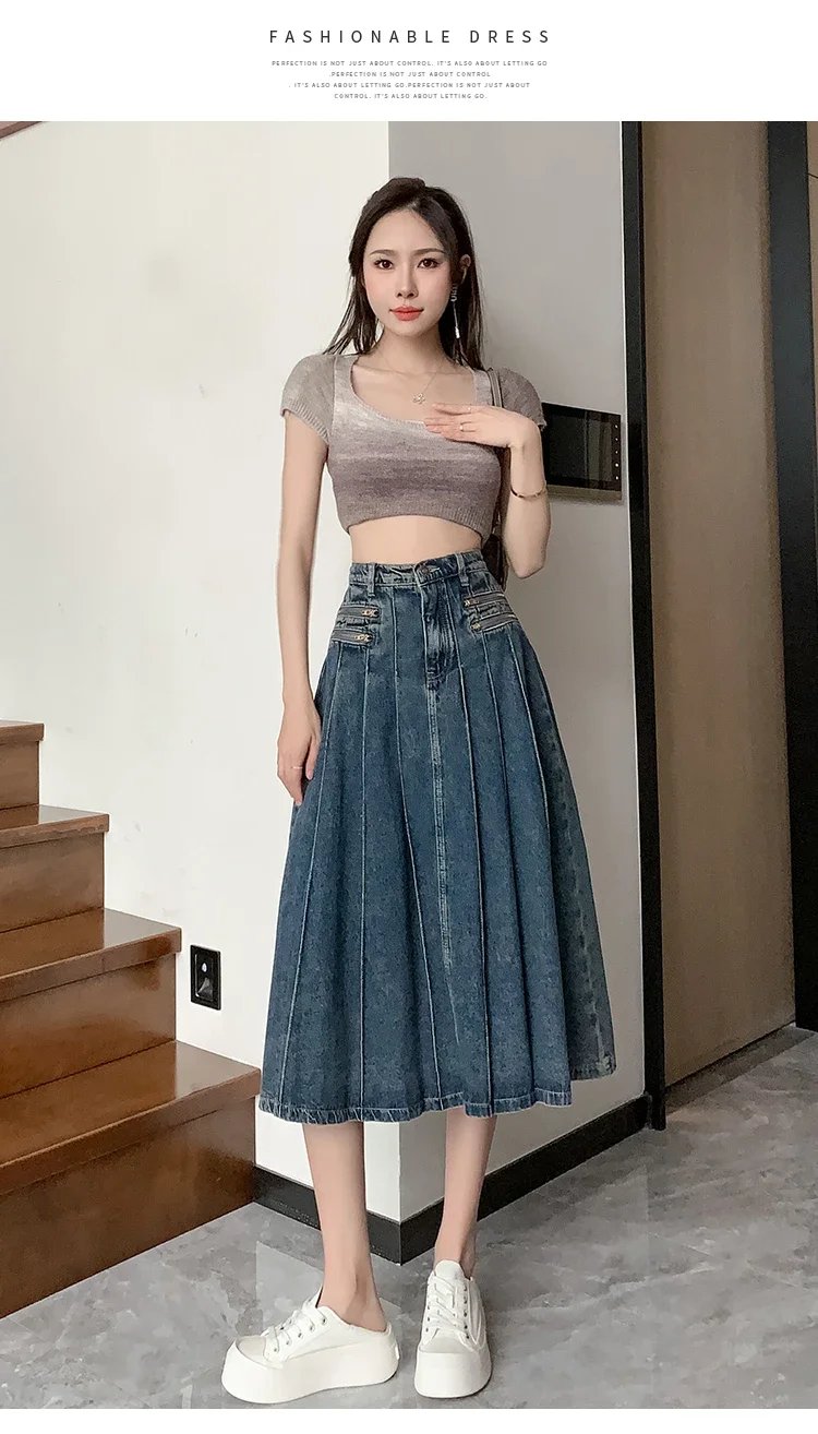 Vintage Blue Denim Pleated Skirt Women Y2K Streetwear High Waist A-line Jeans Midi Skirts Summer Harajuku Korean Clothing