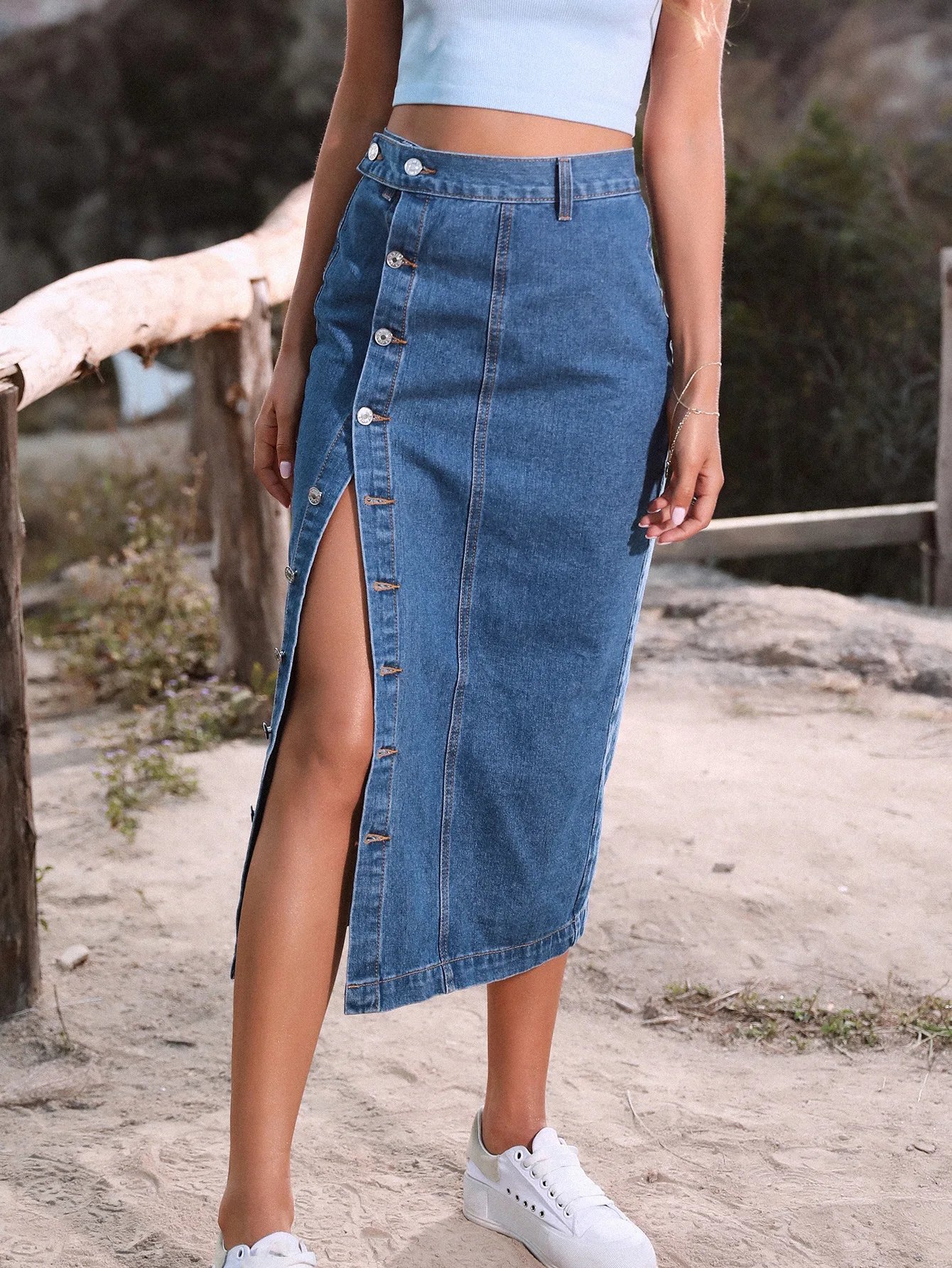 2022 Women's Button A-line Side Split High Waist Denim Skirt Office Lady Black Blue Midi Jean Skirts Autumn Winter Long Skirt