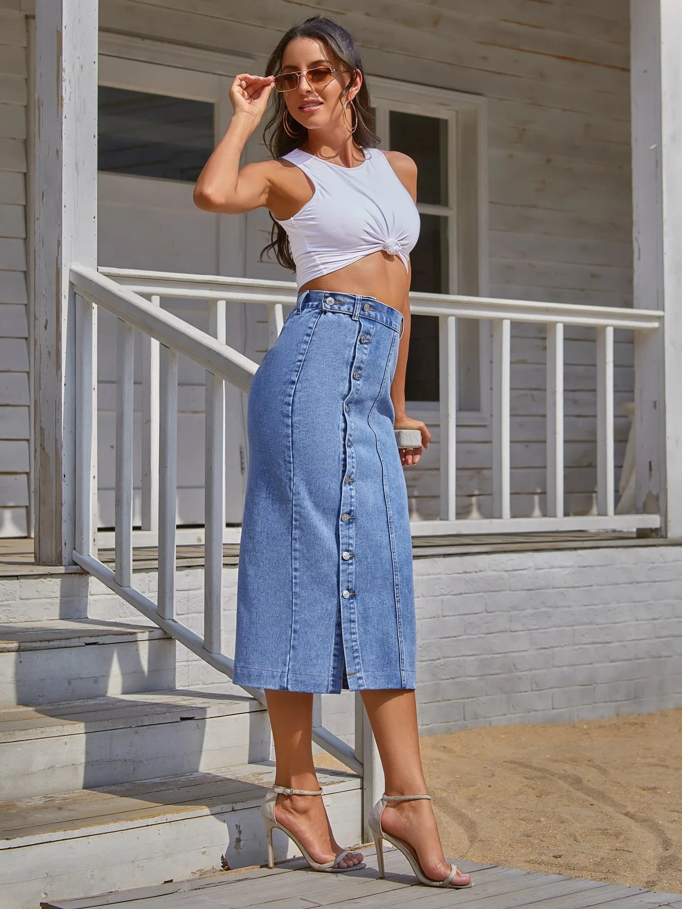 2022 Women's Button A-line Side Split High Waist Denim Skirt Office Lady Black Blue Midi Jean Skirts Autumn Winter Long Skirt