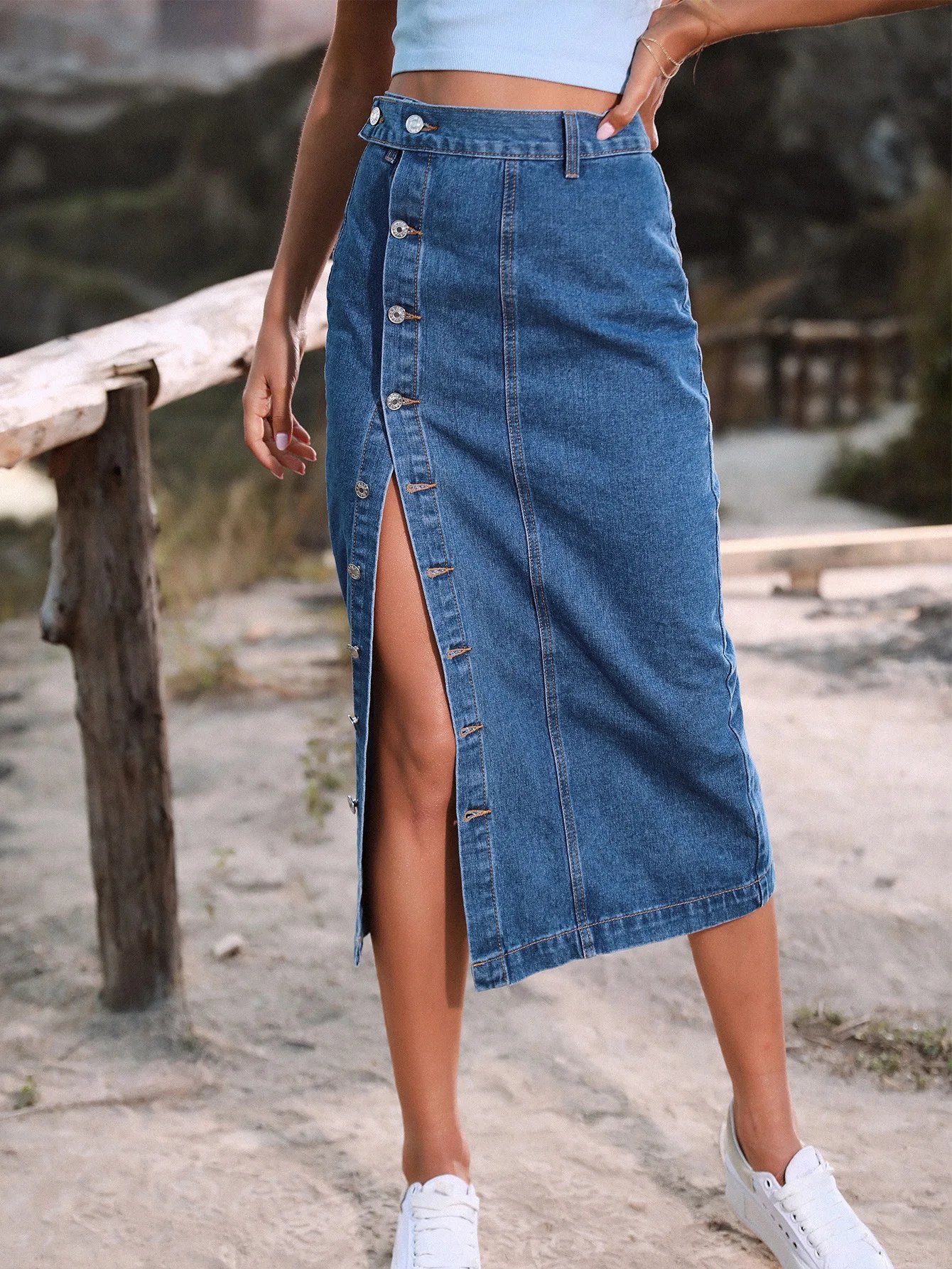 2022 Women's Button A-line Side Split High Waist Denim Skirt Office Lady Black Blue Midi Jean Skirts Autumn Winter Long Skirt