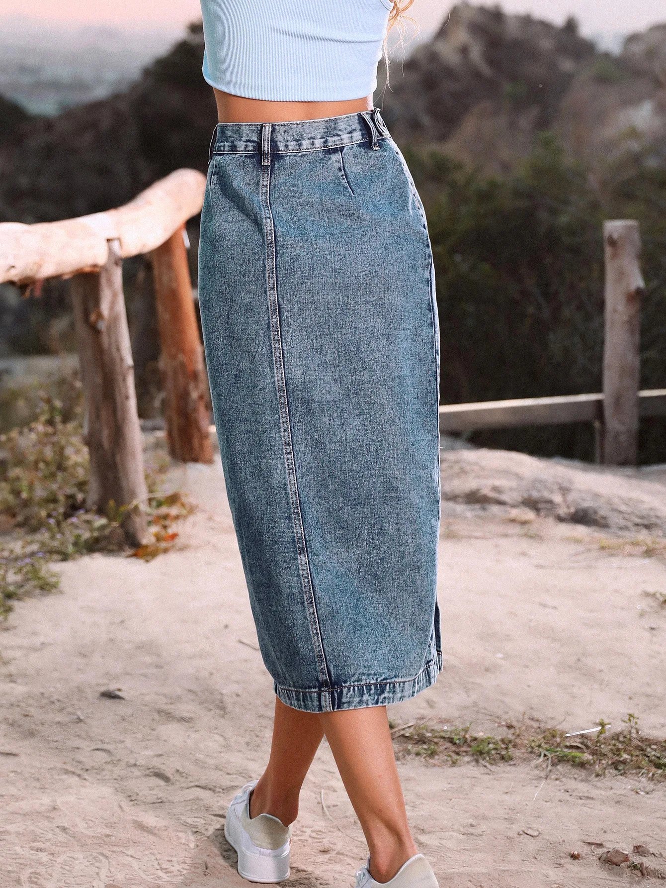 2022 Women's Button A-line Side Split High Waist Denim Skirt Office Lady Black Blue Midi Jean Skirts Autumn Winter Long Skirt