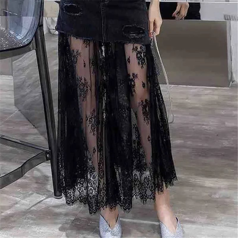 Sexy Mesh Womens Tulle Skirts 2022 Summer High Waist Long Black Jeans Skirt Mesh Tutu Pleated Denim Patchwork Midi Skirt Saias