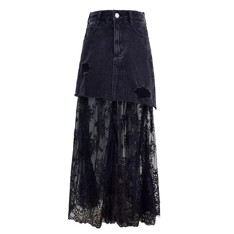 Sexy Mesh Womens Tulle Skirts 2022 Summer High Waist Long Black Jeans Skirt Mesh Tutu Pleated Denim Patchwork Midi Skirt Saias