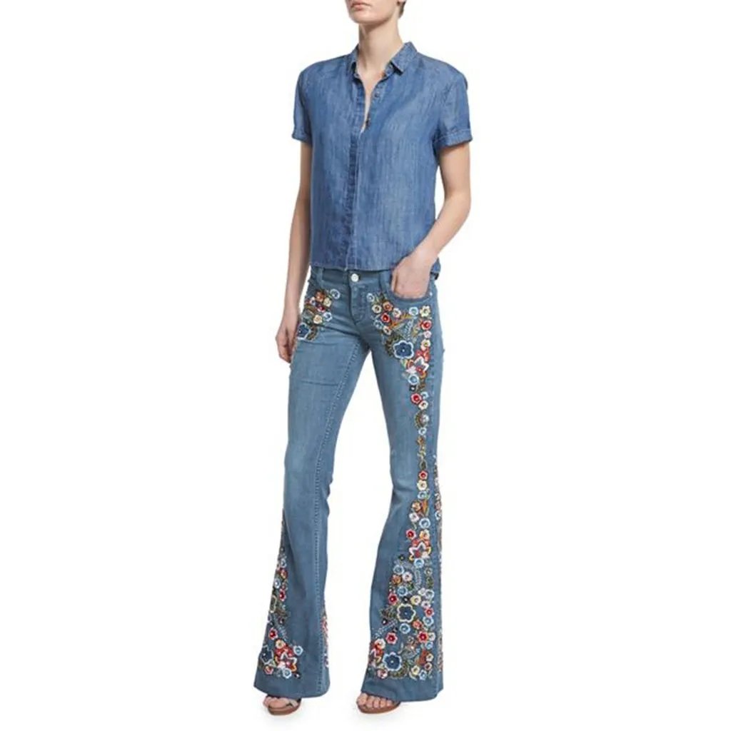 Streetwear Jeans Long Pants Denim Embroidery Destoryed Flare Jeans Button Waist Bell Bottom Denim Pants 90s Vintage Clothes